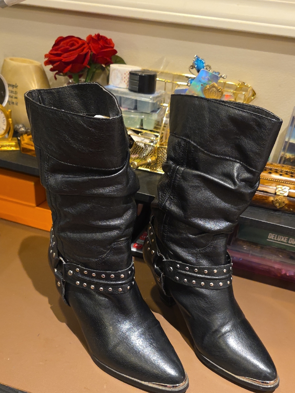 dingo Black Studded Mid-Calf Leather Booties